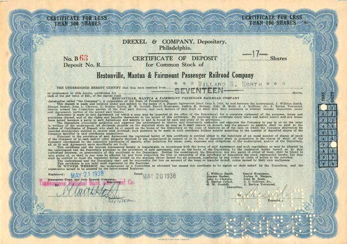 Hestonville, Mantua and Fairmount Passenger Railroad Co. - Stock Certificate